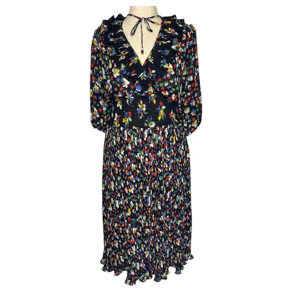 VTG Assorti Susan Freis Dress XS Black V-Neck Ruffle Floral Midi Smocked Blouson - Picture 1 of 12